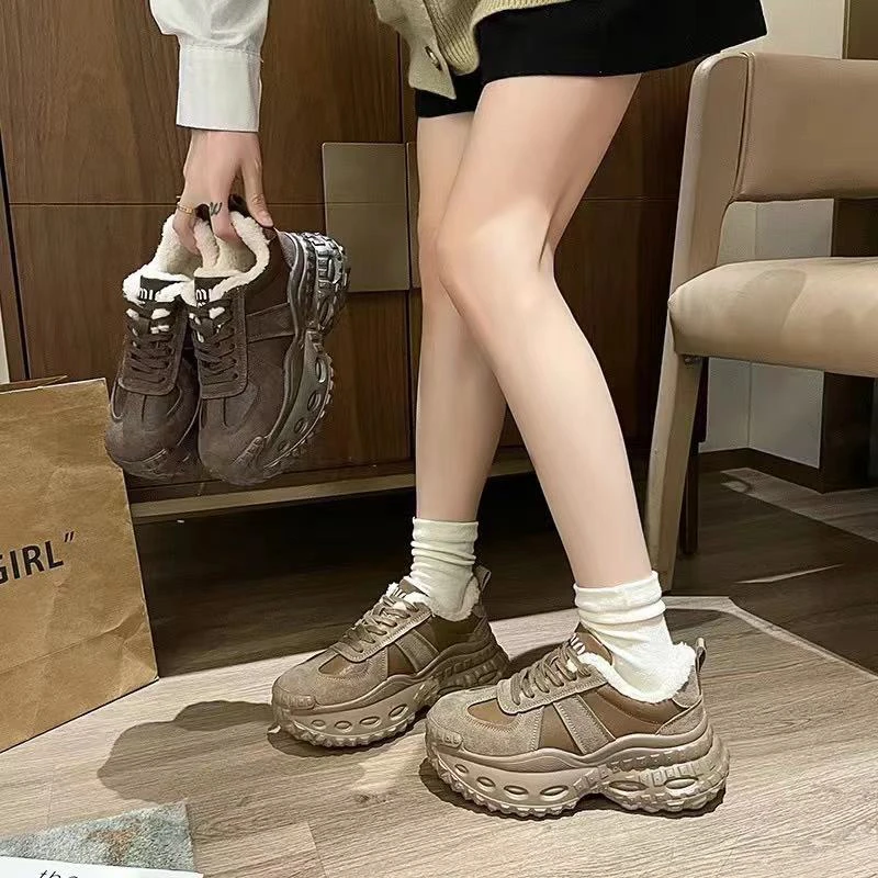 80517-3休闲运动秋冬加绒保暖美拉德厚底增高大头老爹鞋女