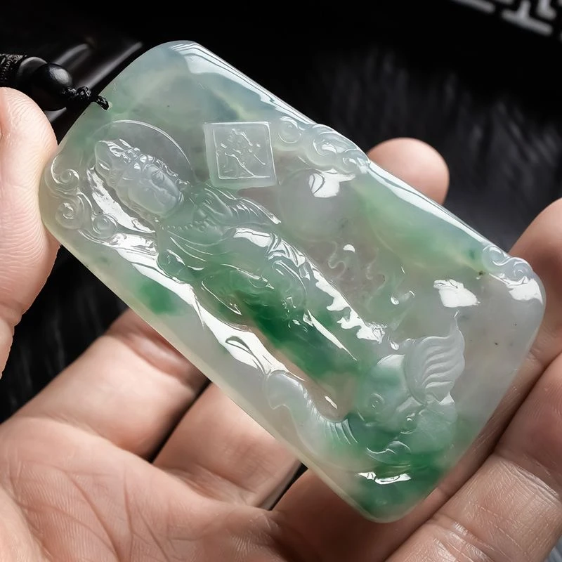 纯天然翡翠A货 手工艺精雕冰飘花生肖守护神普贤菩萨观音吊坠2614