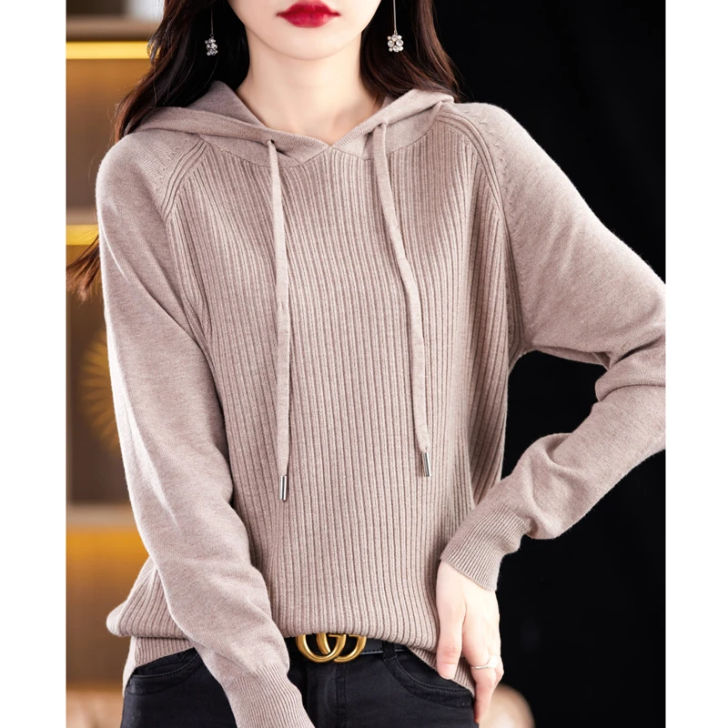 带帽竖纹毛衫保暖亲肤时尚百搭长袖休闲毛衫宽松秋冬