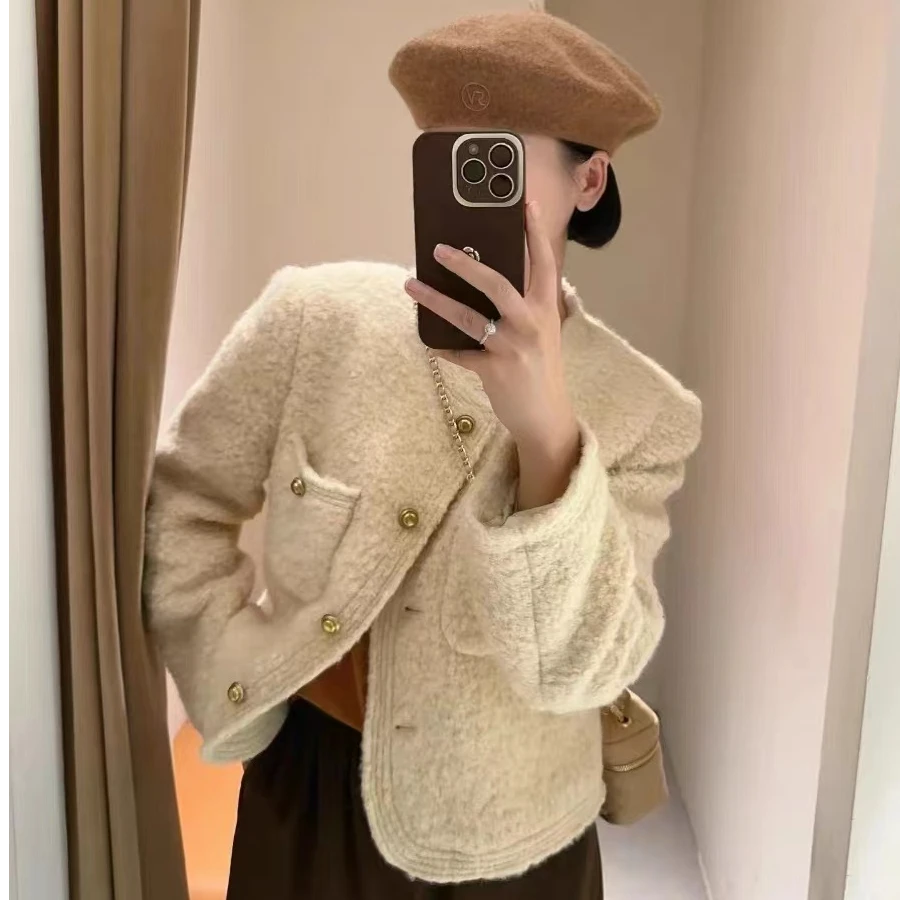 ZX9914气质百搭短款羊羔毛小香风外套女秋冬法式颗粒绒单排扣上衣