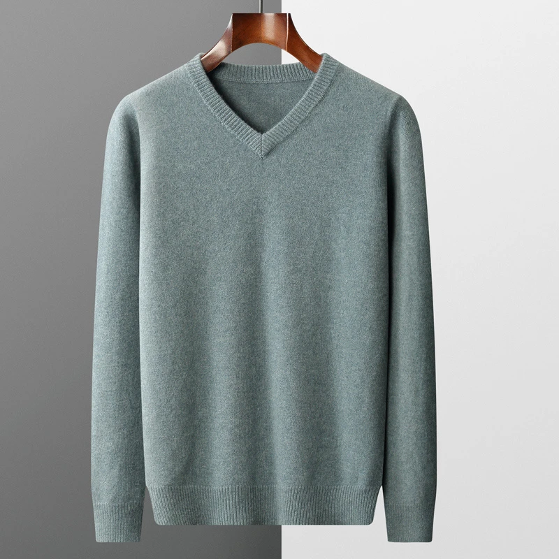 秋冬时尚舒适新款山羊绒男V领纯色加厚宽松商务休闲针织羊绒衫