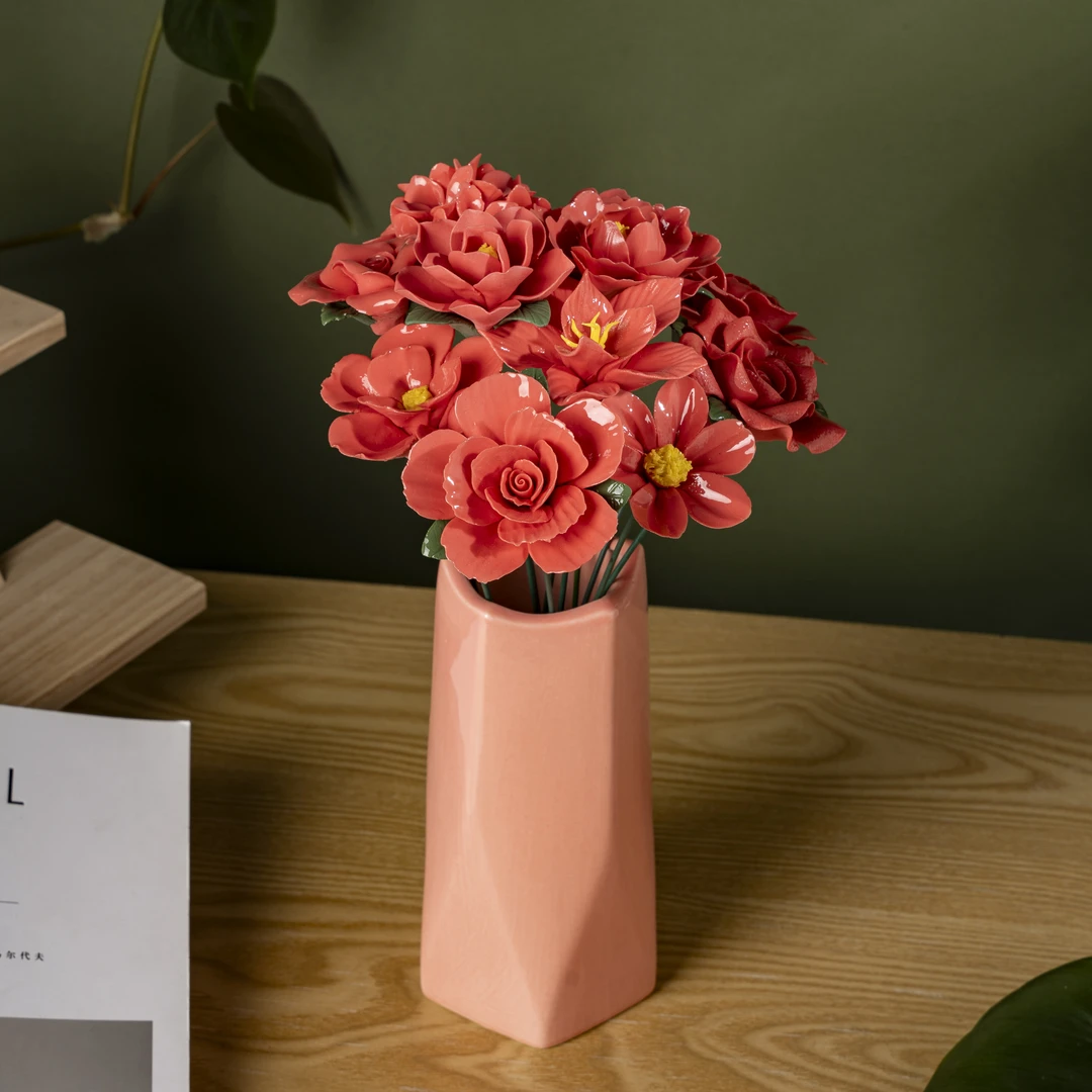 酒店摆件陶瓷纯手工花红色玫瑰红色牡丹花仿真陶瓷花瓶景德镇花花