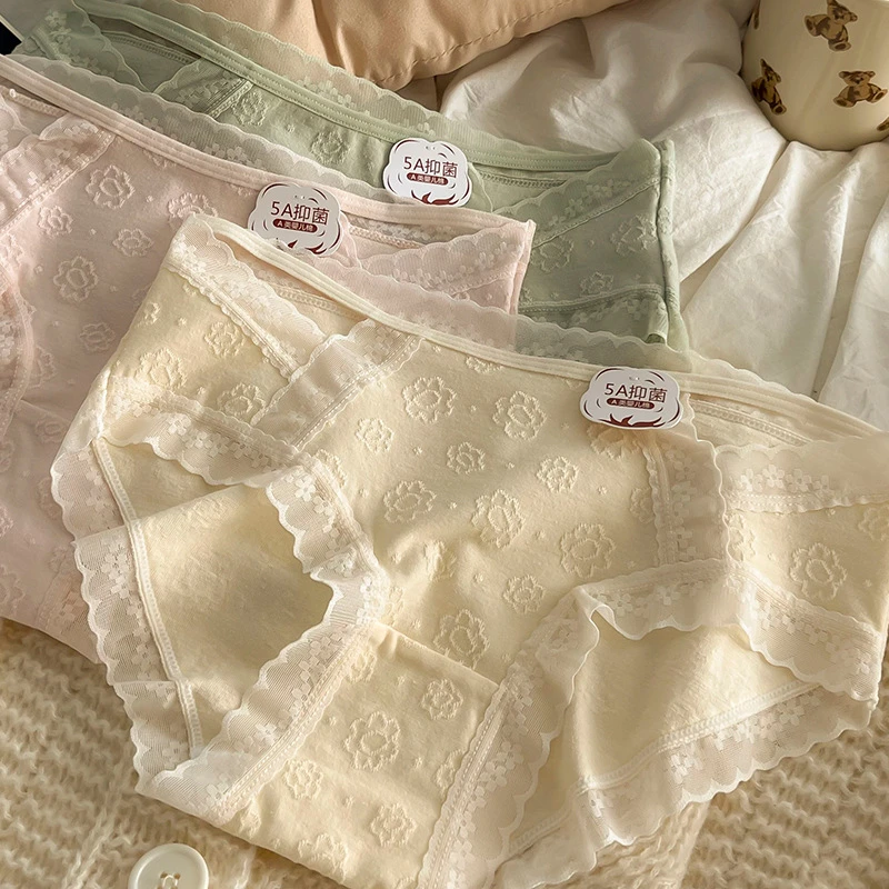 南极人5A级抑菌A类婴儿棉内裤女棉档薄款透气蕾丝中腰三角裤女HO