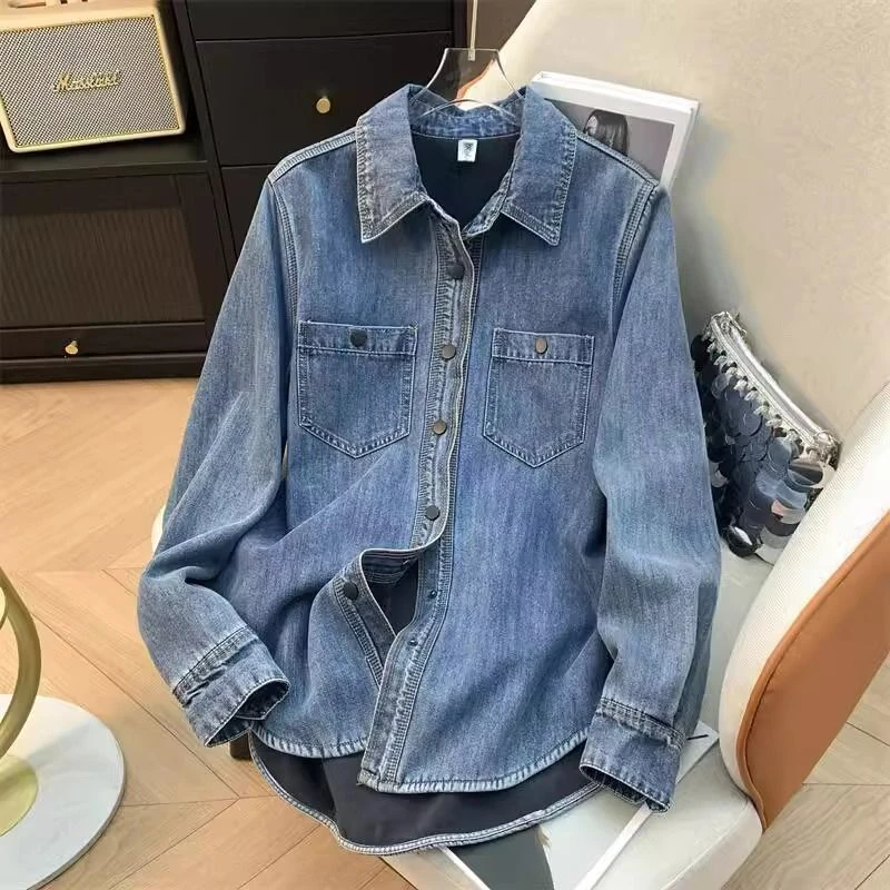 秋冬季新款加绒牛仔衬衫女韩版休闲打底叠穿衬衣宽松加厚保暖上衣