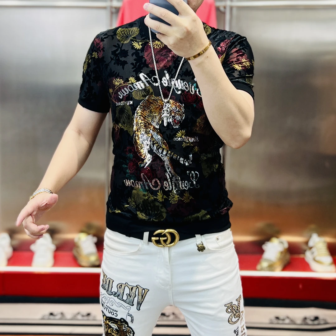 小李家2025新款高清提花小老虎时尚百搭网红痞帅修身显瘦男士短袖