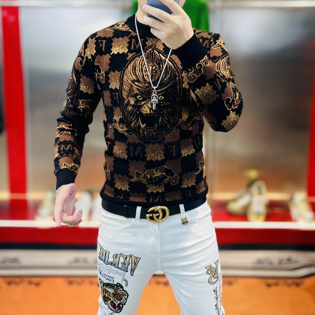 秋冬新款提花钩花烫钻霸气大圣时尚百搭潮流痞帅轻奢欧货男士毛衣