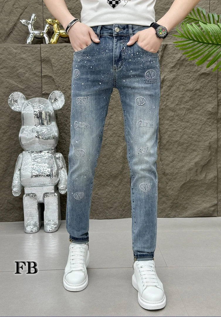 小李家 秋季新款男士高端重工立体烫钻刺绣修身百搭牛仔小脚裤潮