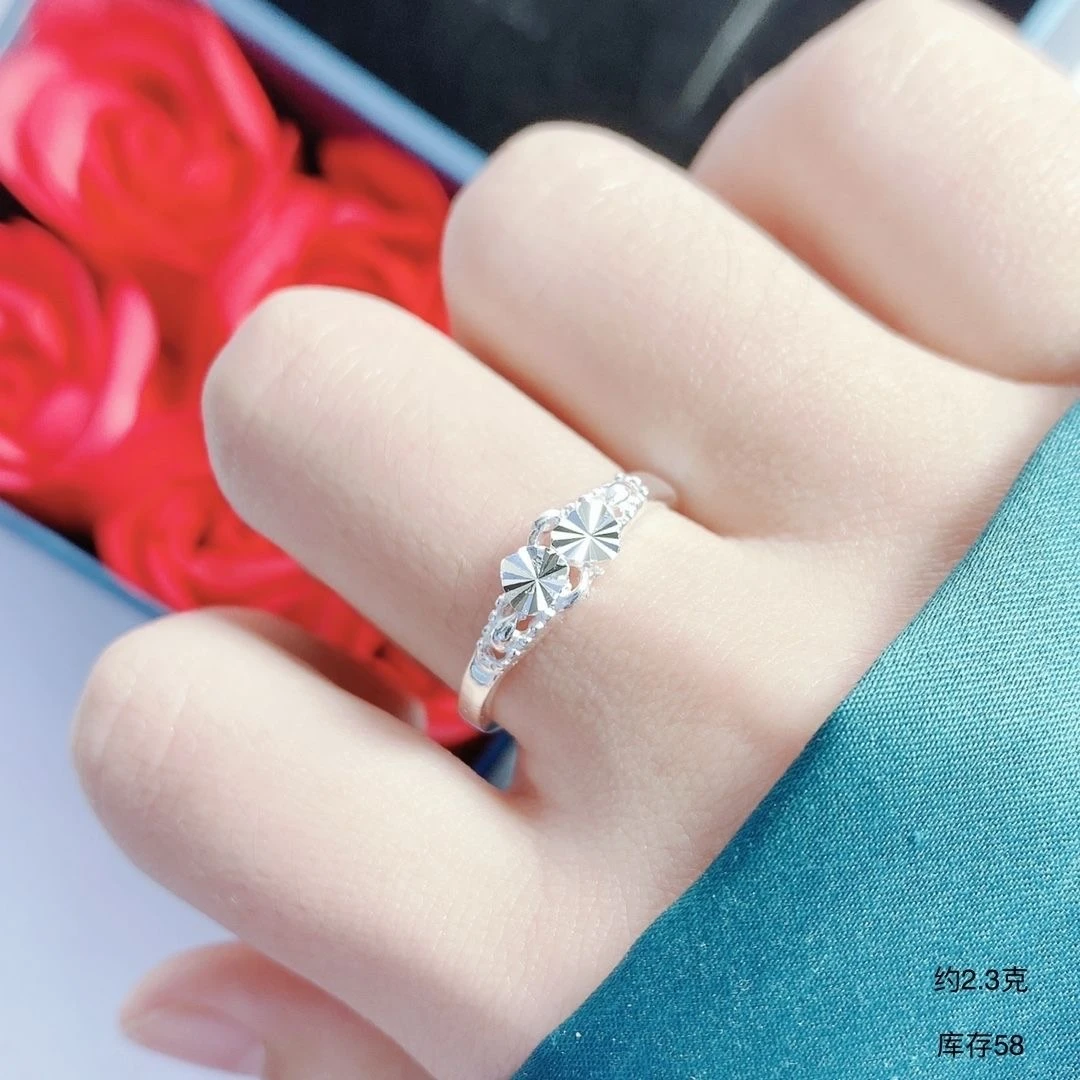 足银戒指 【双心车花戒指】足银990 约2.3g  心连心开口戒指 B14