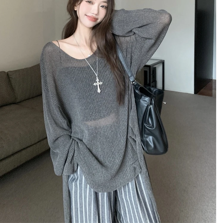 慵懒风镂空透视宽松毛圈长袖针织毛衣防晒罩衫美背孤品直播间拍