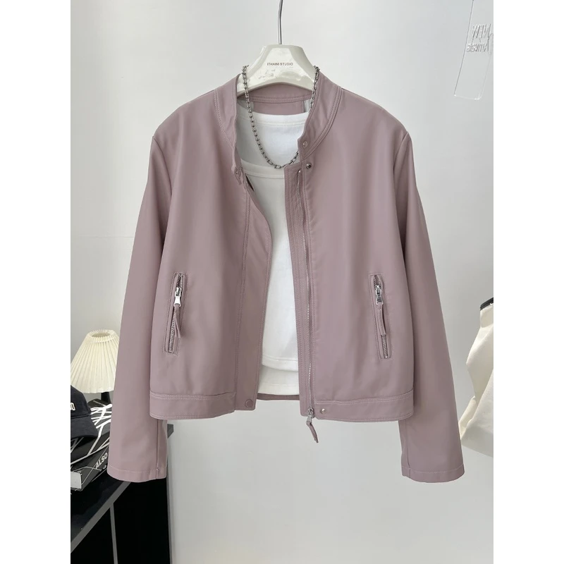 粉色皮衣外套女短款2024春装韩版立领气质百搭显瘦机车服pu皮夹克