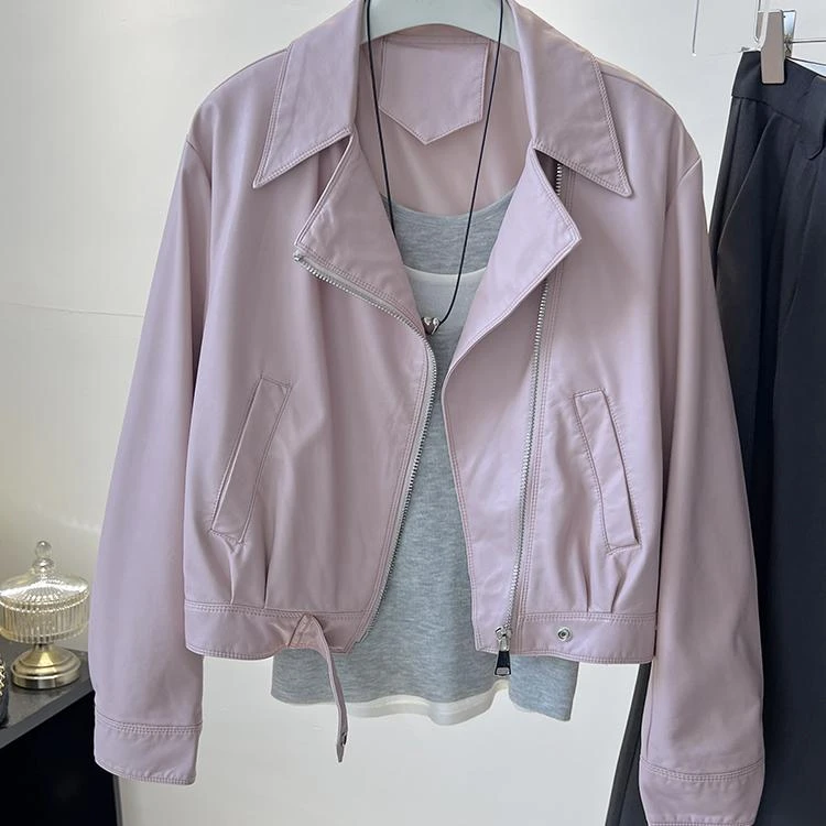 粉色皮衣外套女短款2024秋装新款高级感翻领机车服pu皮夹克小个子