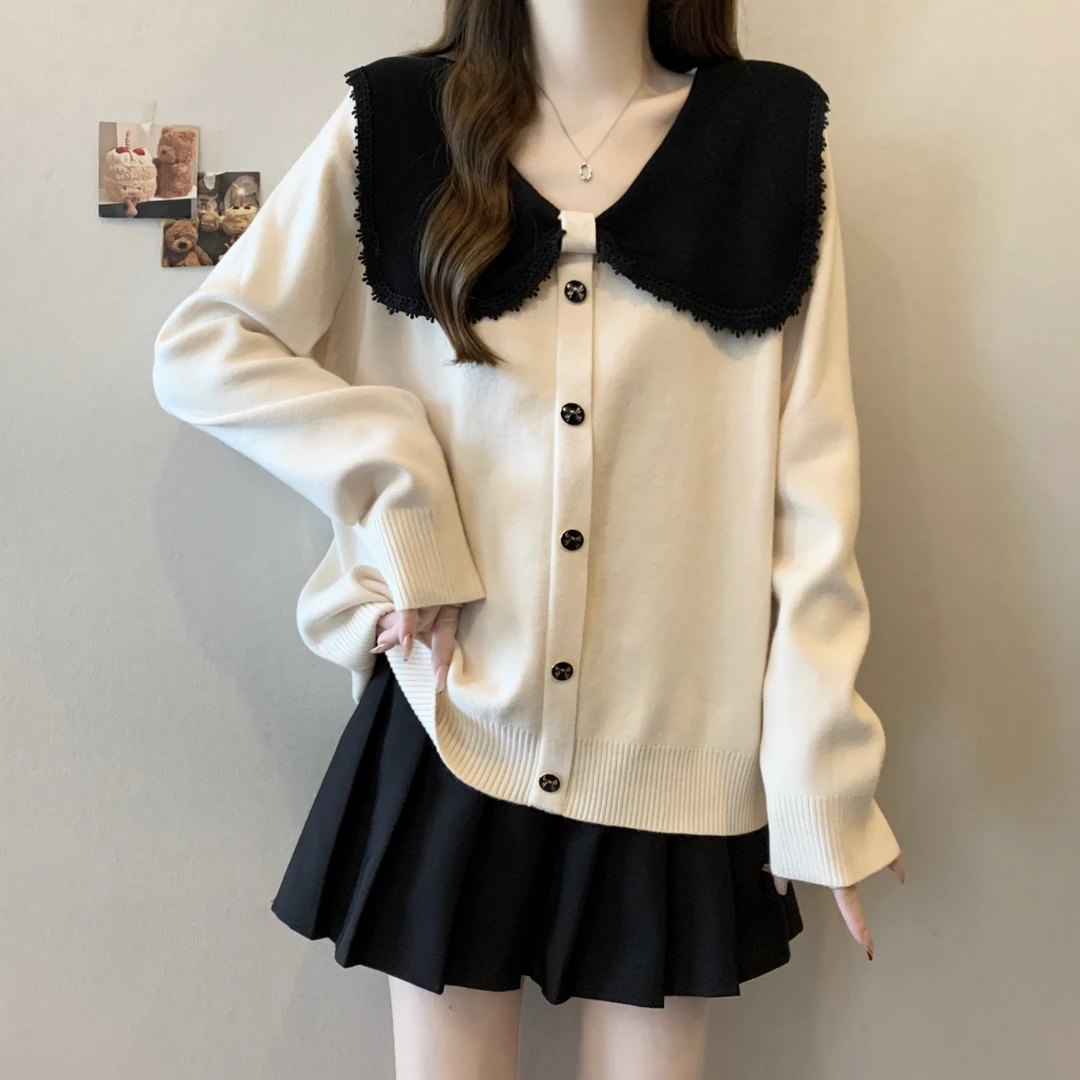 大码女装法式小香风减龄娃娃领毛衣女秋冬胖妹妹宽松显瘦针织上衣