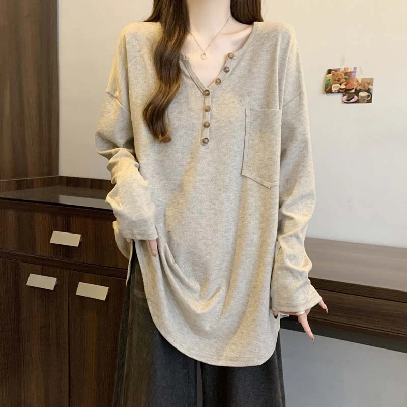 大版宽松V领长袖T恤打底衫女款春秋2024大码胖mm中长款遮屁股上衣