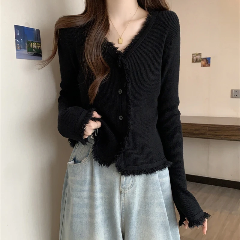 大码女装设计感复古流苏长袖开衫女春秋胖妹妹洋气遮肉针织打底衫