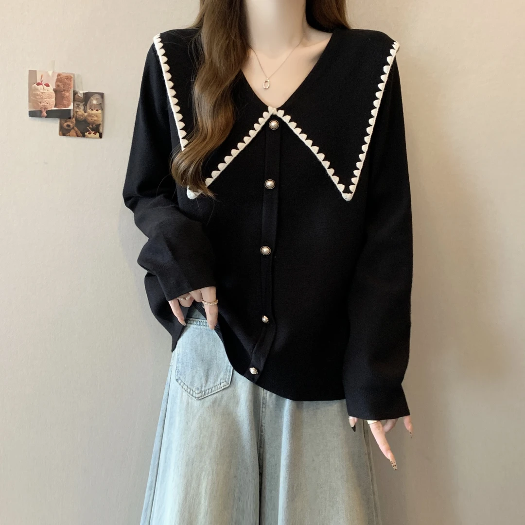 大码女装法式宽松娃娃领长袖打底衫女春秋胖妹妹遮肚显瘦针织上衣