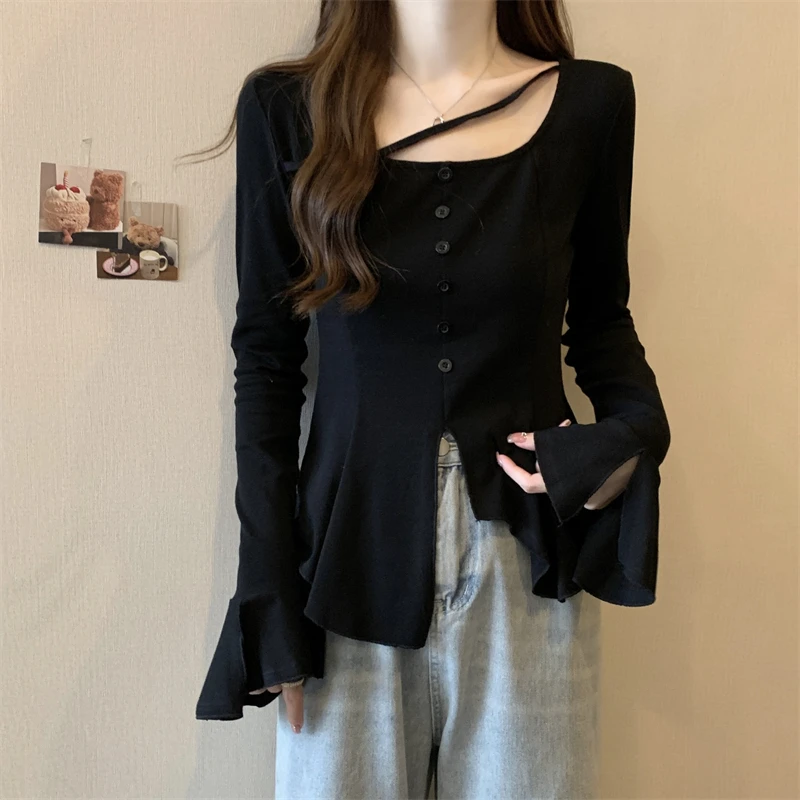 大码女装遮肚子小众别致长袖打底衫女春秋胖妹妹显瘦内搭正肩上衣