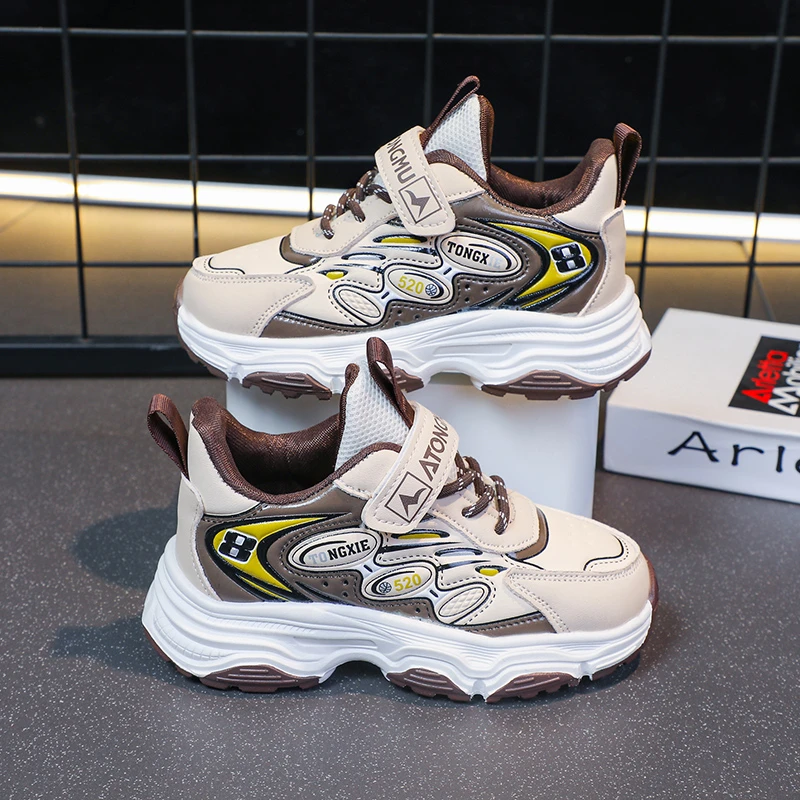 防滑软底皮面防水运动鞋中小童男童跑步鞋韩版时尚百搭学生休闲鞋