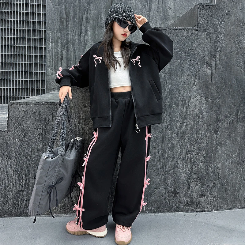 【毛妈潮牌】女童秋季丝绒蝴蝶结套装2024新款中大童时髦运动两件套