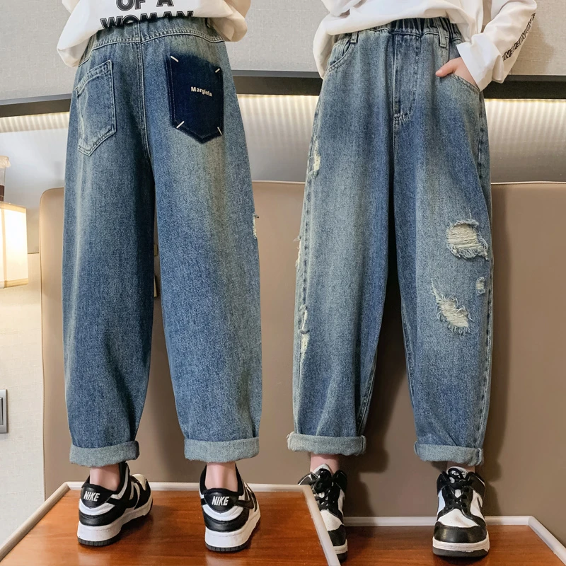 【毛妈潮牌】女童秋装牛仔裤2023新款中大童韩版高腰宽松破洞老爹裤