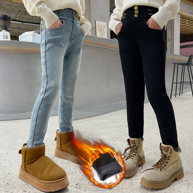 【毛妈潮牌】女童装冬季加绒牛仔铅笔裤韩版中大儿童加厚修身魔术裤