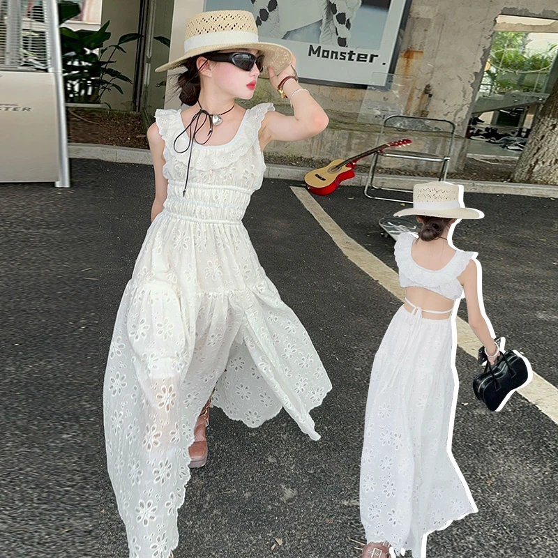【毛妈潮牌】女童夏季蕾丝连衣裙2024新款中大童法式气质白色露背裙
