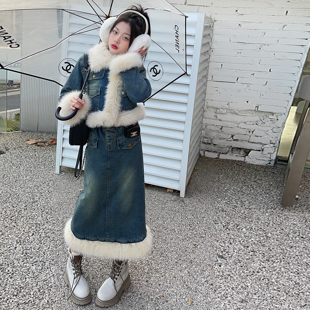 【毛妈潮牌】女童冬季加绒牛仔外套2024新款中大童百搭洋气加厚牛仔