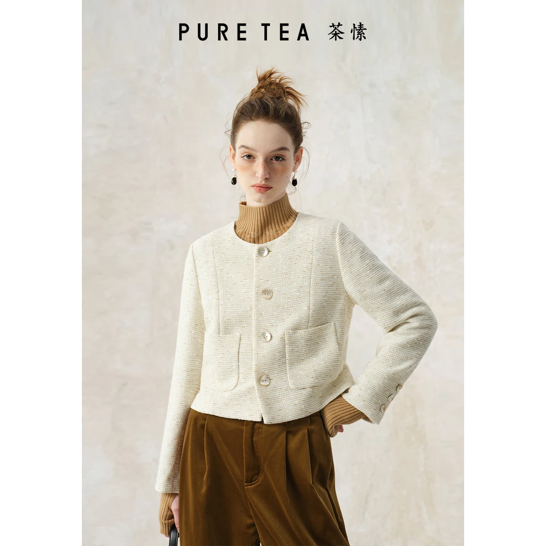 【千金小香风】puretea茶愫混纺花纱外套女圆领2024年新款TH0301B11