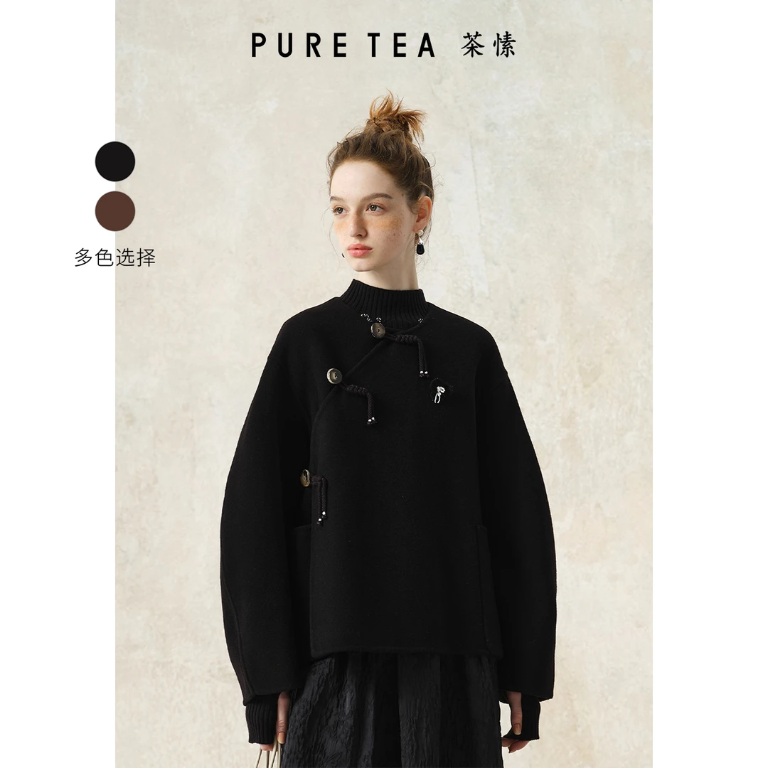 PURE TEA/茶·愫盘扣斜襟毛呢外套女羊毛双面呢TC0101B42