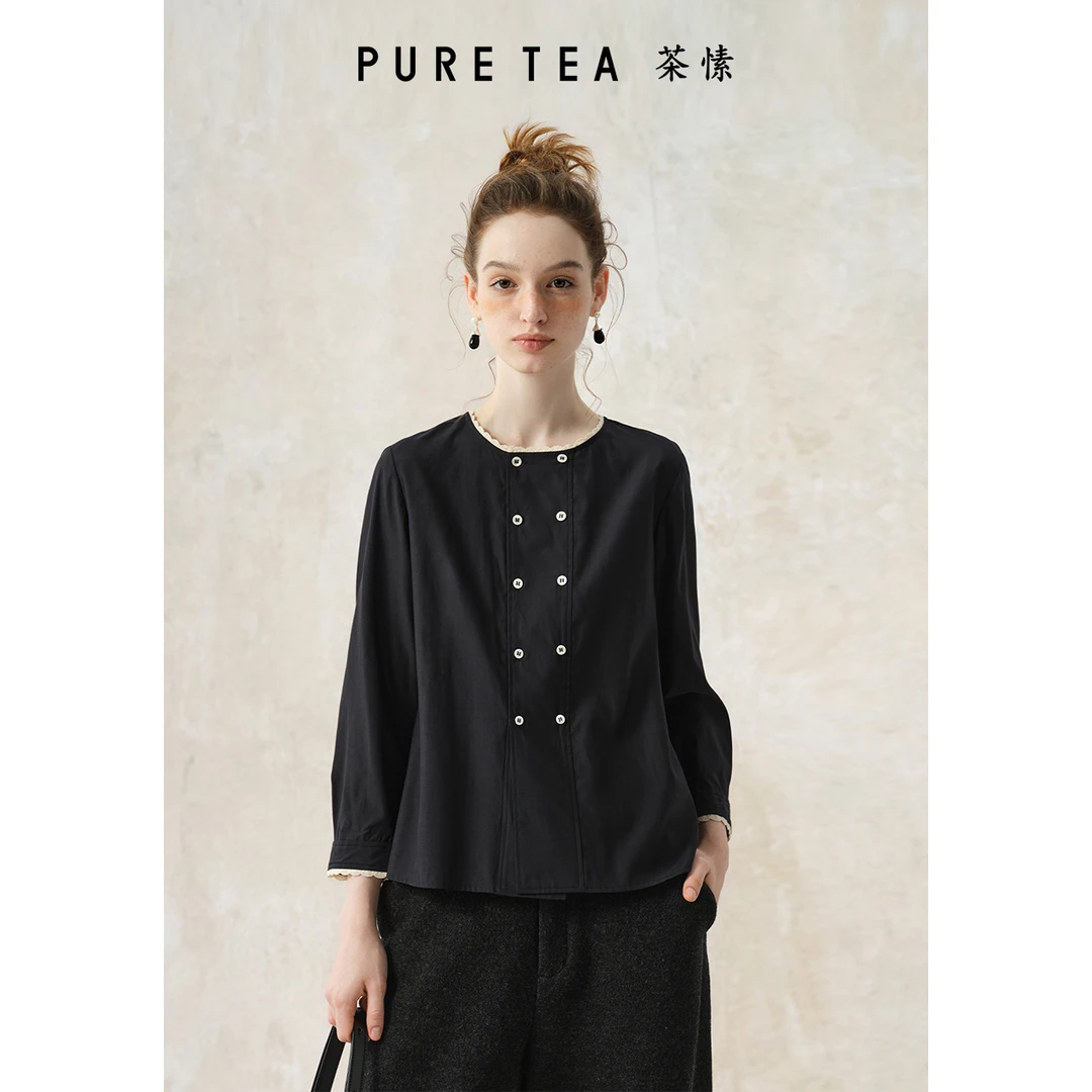 【基础衣橱】puretea茶愫花边圆领丝棉衬衫女2024秋新KB0201C11