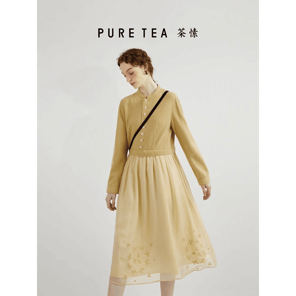 pure tea/茶·愫 【新中式】puretea茶愫立领绣花拼接羊毛连衣裙女23秋KD0603B31