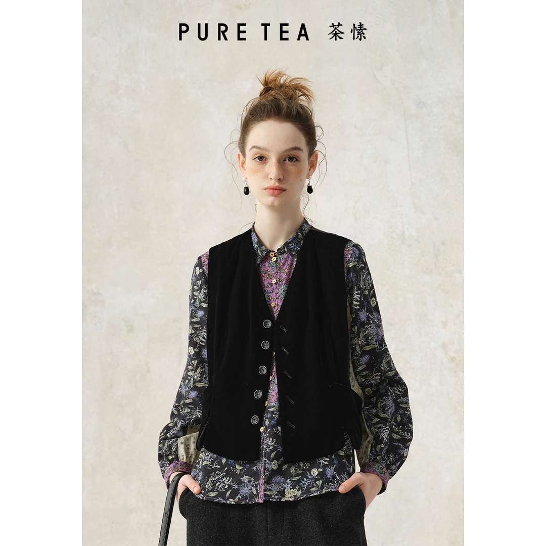 【胶囊衣橱】puretea茶愫复古平绒无袖马甲2024春季新款KV0301B14