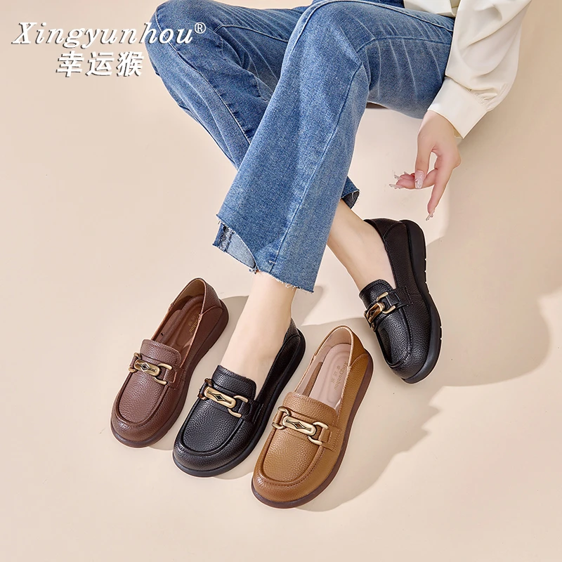 秋季新款单鞋女真皮软底休闲百搭妈妈鞋舒适防滑圆头久站不累女鞋