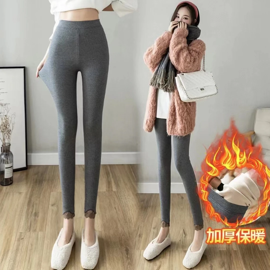 秋冬8188女加绒加厚弹力蕾丝显瘦打底裤高腰可外穿九分裤
