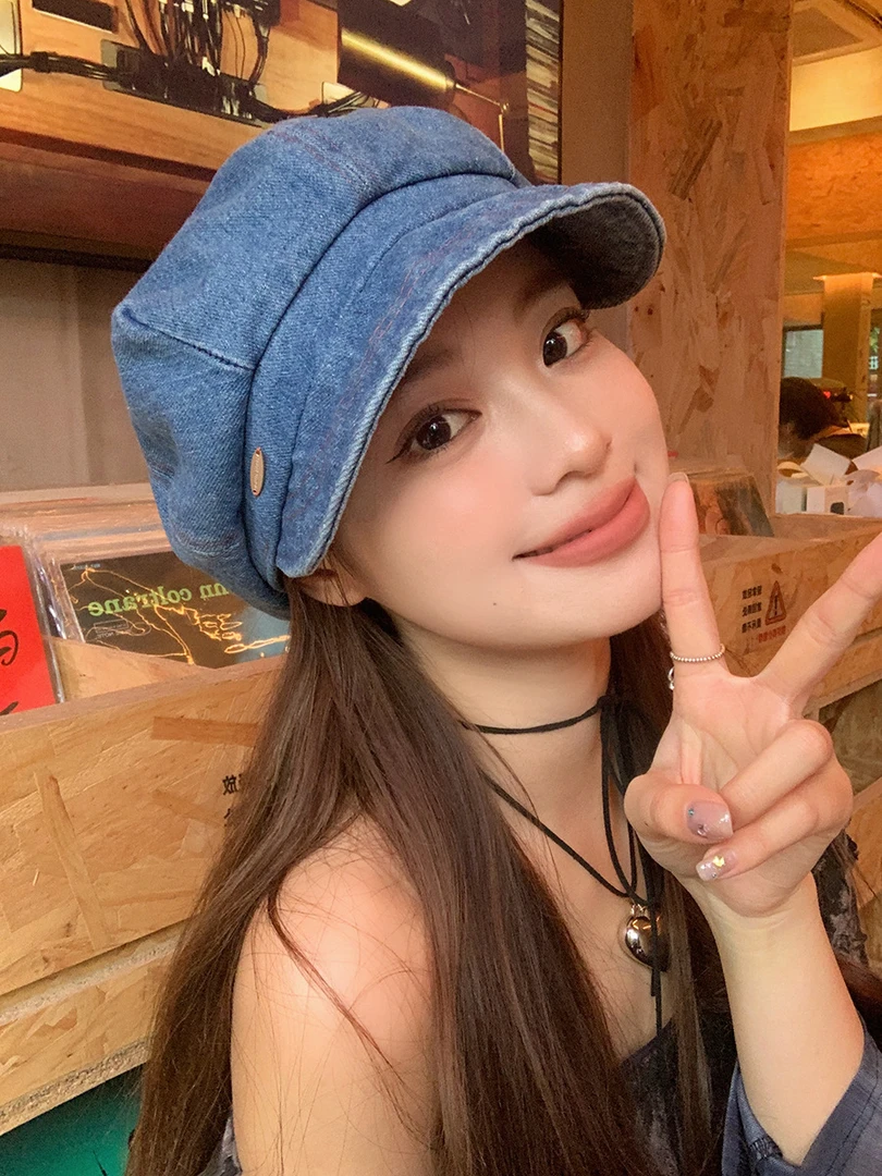 小金属标牛仔贝雷帽复古八角帽女夏季大头围时尚画家帽百搭显脸小