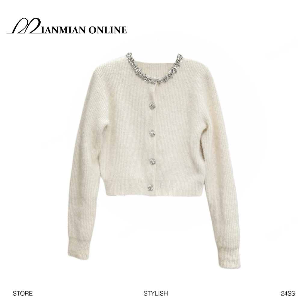 MIANMIANONLINE“温暖定律”圆领钉钻针织羊驼毛开衫毛衣1168