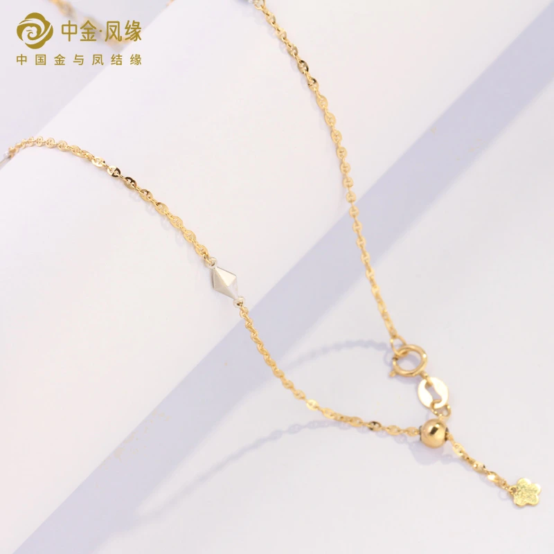 18K黄白金项链猪鼻子菱形抽拉调节18寸女百搭简约气质时尚素链