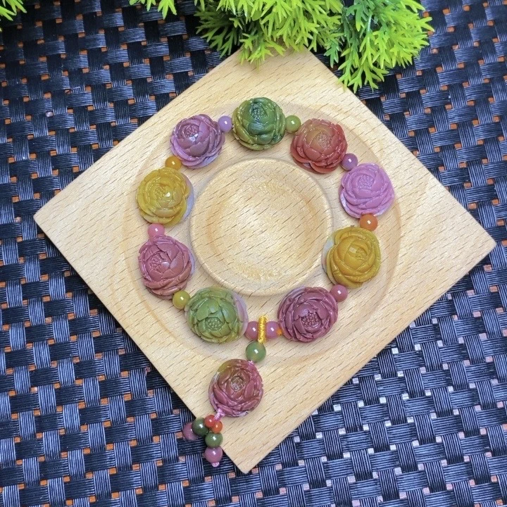 天然七彩盐源玛瑙牡丹花手串饰品手链粉紫红黄绿蓝西瓜色送礼物女