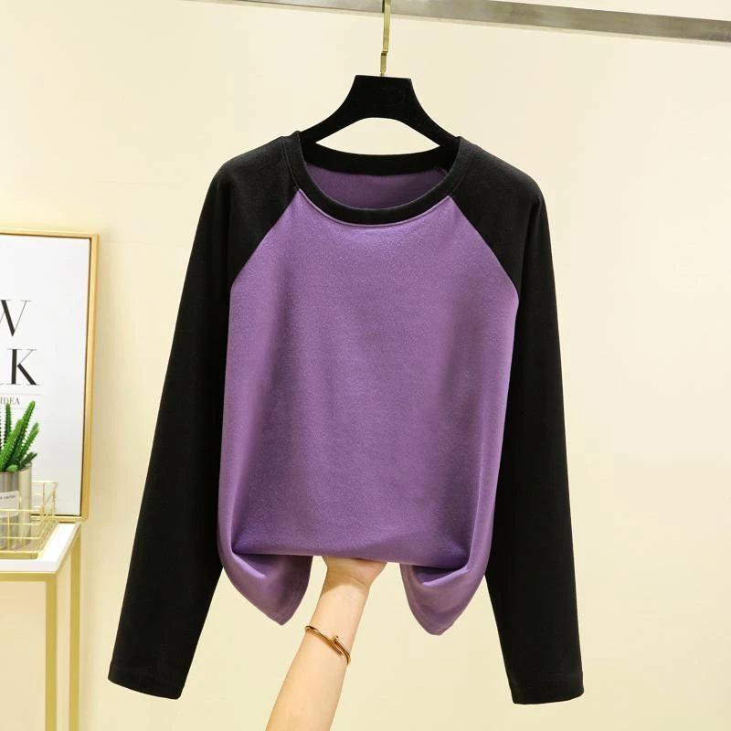 德绒插肩卫衣女冬季加绒百搭拼色上衣大码宽松休闲内搭长袖打底衫