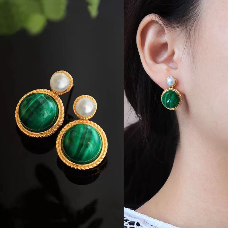 铜合金耳饰 轻奢绿石耳钉女纯银复古珍珠耳环高级感气质精致耳坠