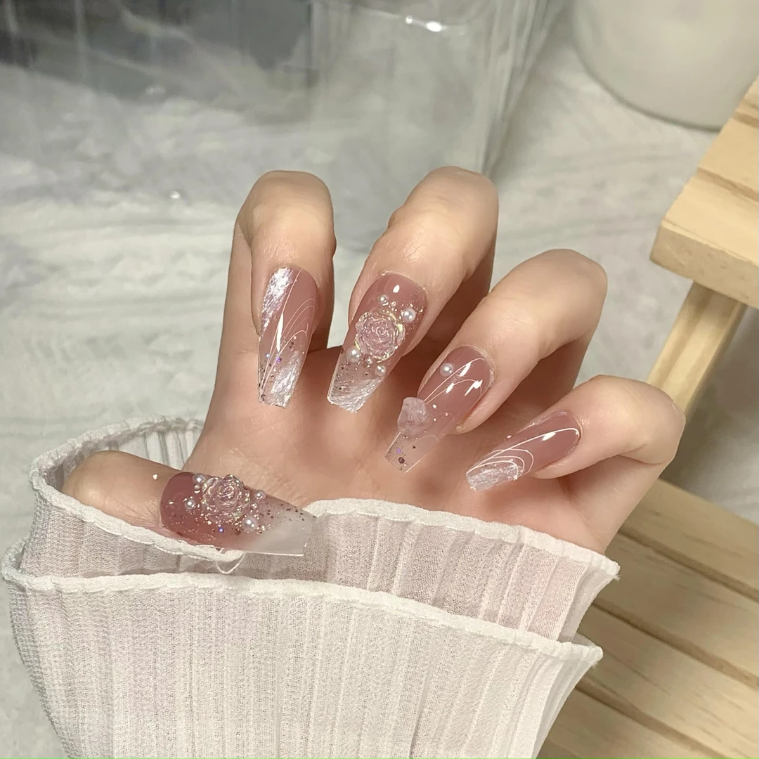 【红山茶花】手工穿戴甲东方美学晕染液态银美甲鎏心珍珠贴片#1632