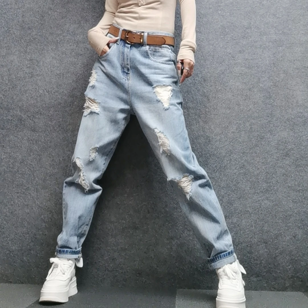 二姐家宽松破洞九分哈伦牛仔裤水洗潮流小脚浅色春夏百搭牛仔裤