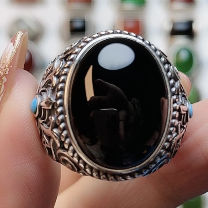 S925银天然和田玉墨色大蛋面复古风男戒hmy