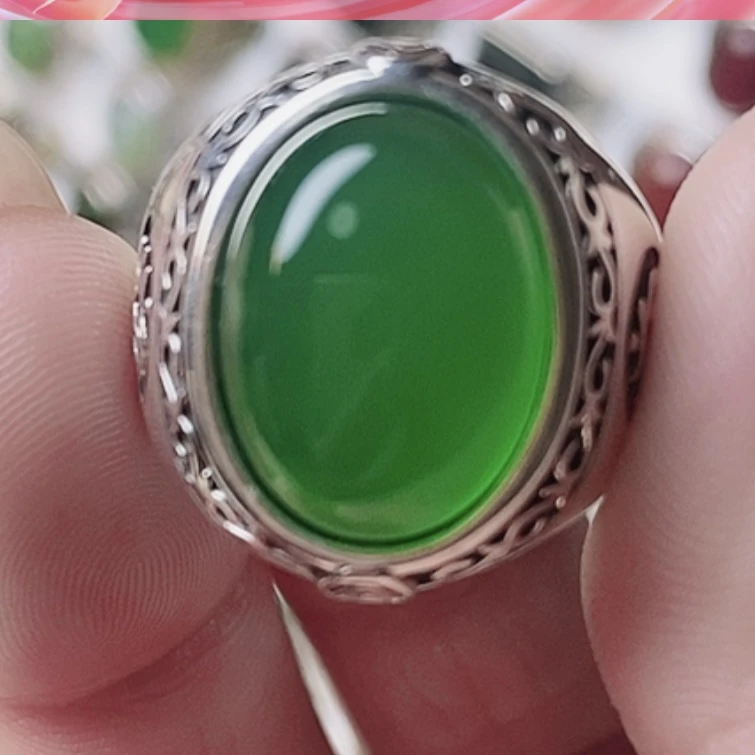 S925银天然玉髓翠绿色蛋面戒简单大气ysy