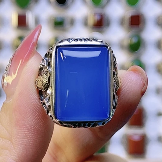 S925重工银天然蓝玉髓复古男戒