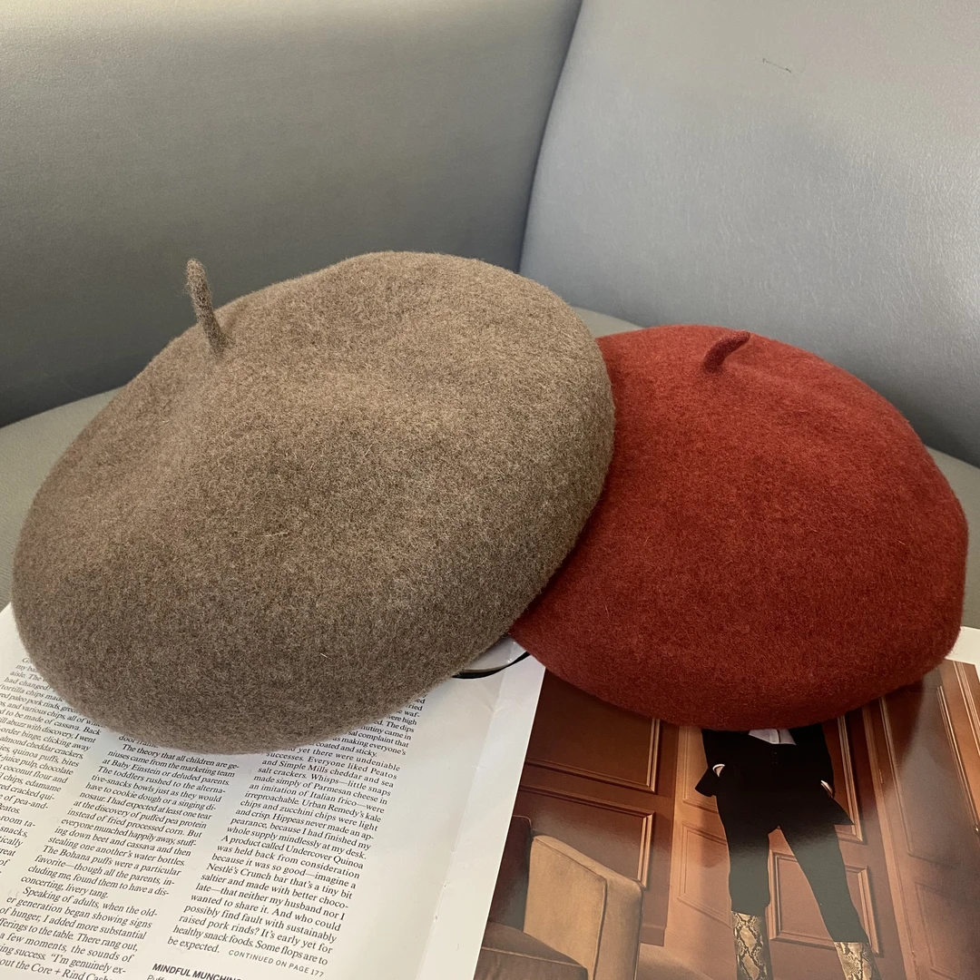 澳洲绵羊毛贝雷帽秋冬韩版简约时尚日系百搭画家帽纯色复古女士