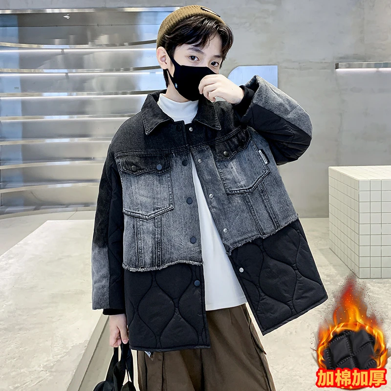 男童秋冬款牛仔外套2025新款儿童冬装中大童冬季夹棉加厚炸街潮流