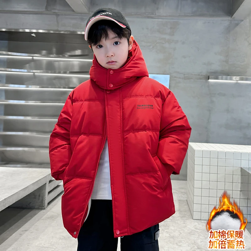 男童秋冬款红色棉服外套2025新款儿童冬装中大童棉袄加厚年服冬季