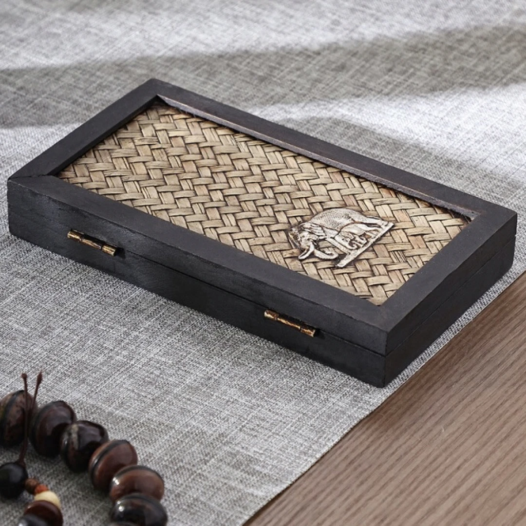 泰国木盒子复古收纳盒实木竹编桌面牙签棉签首饰盒家用复古松弛感