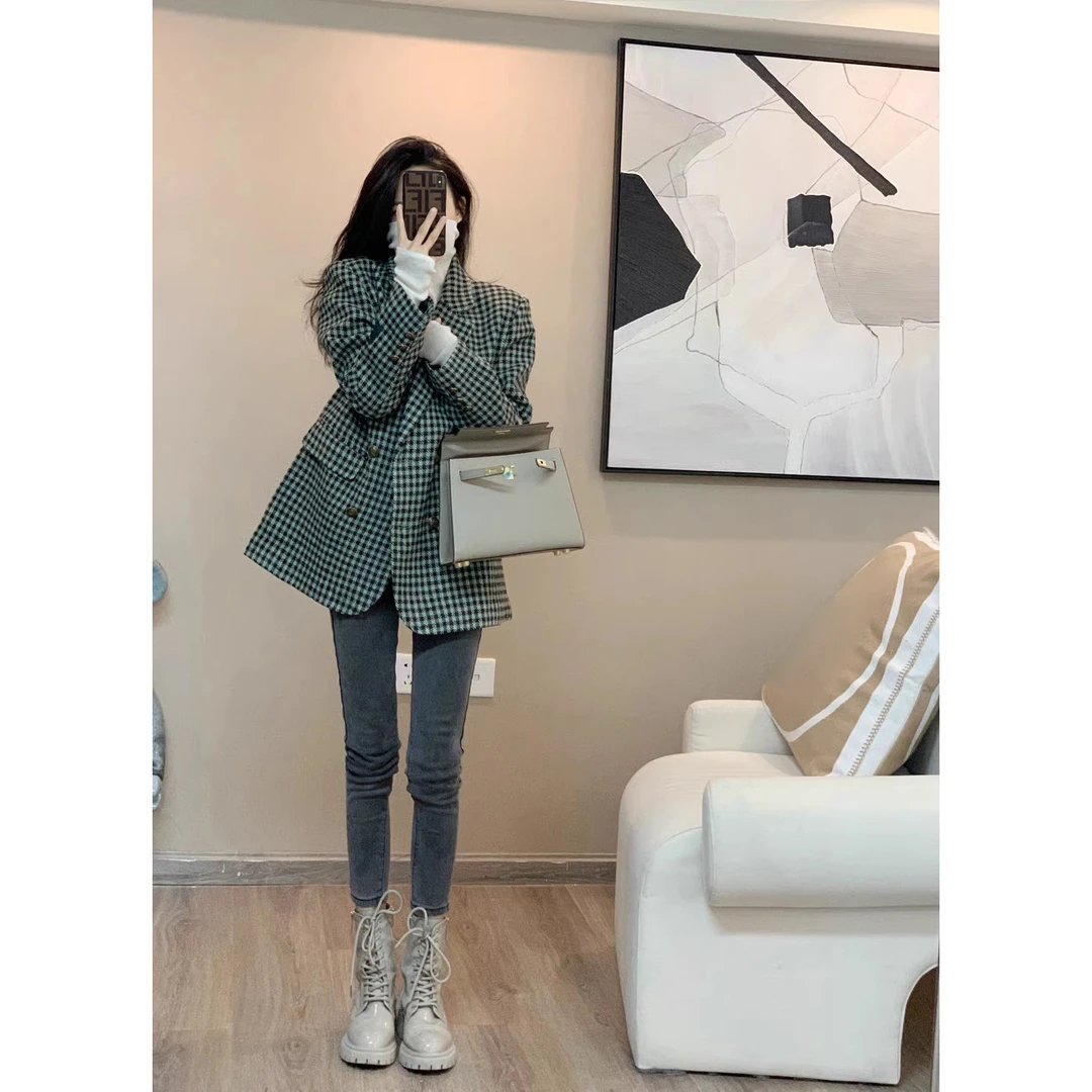 leathercat西装外套女秋冬新款高级感炸街小个子休闲格子小西服潮