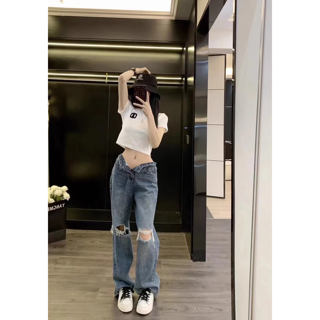 Leathercat牛仔裤女2025新款高腰显瘦小个子宽松破洞裤直筒阔腿裤